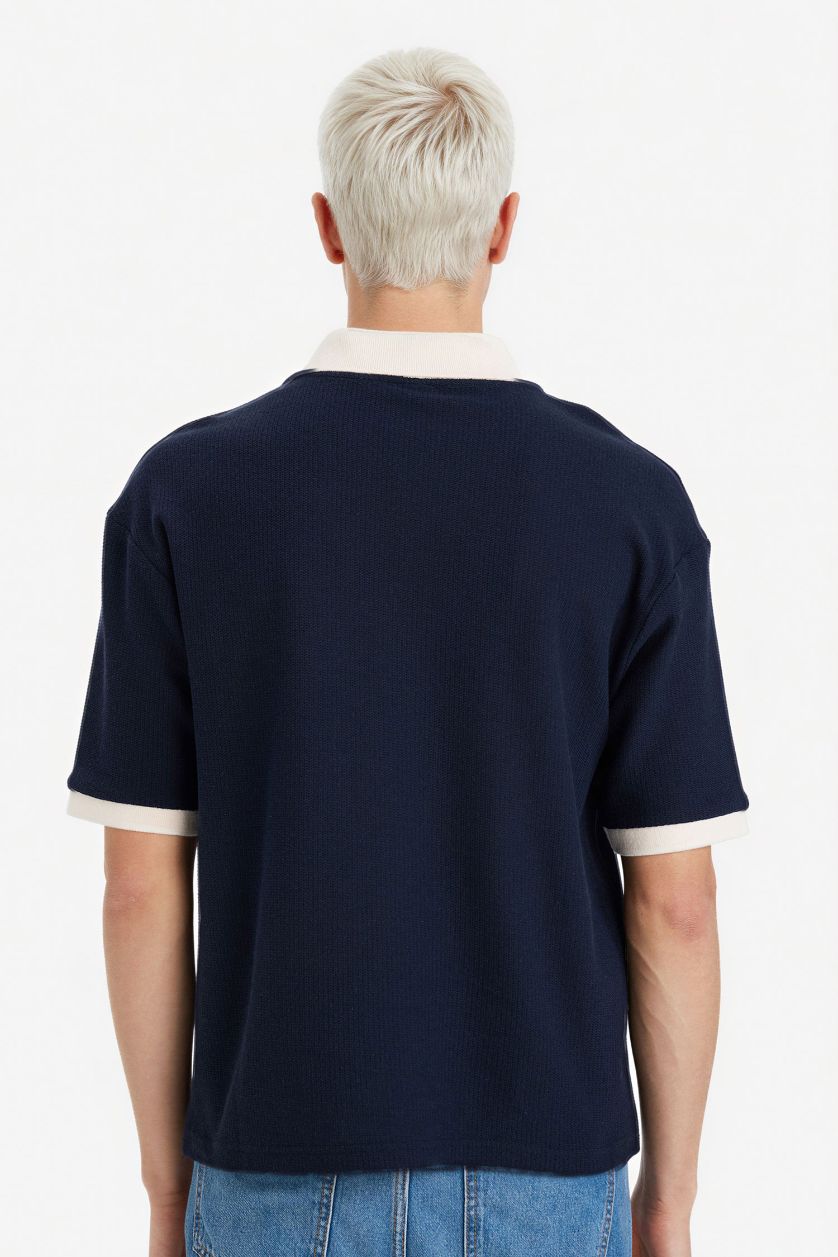 MAN NAVY Boxy Fit Polo Collar Textured T-Shirt