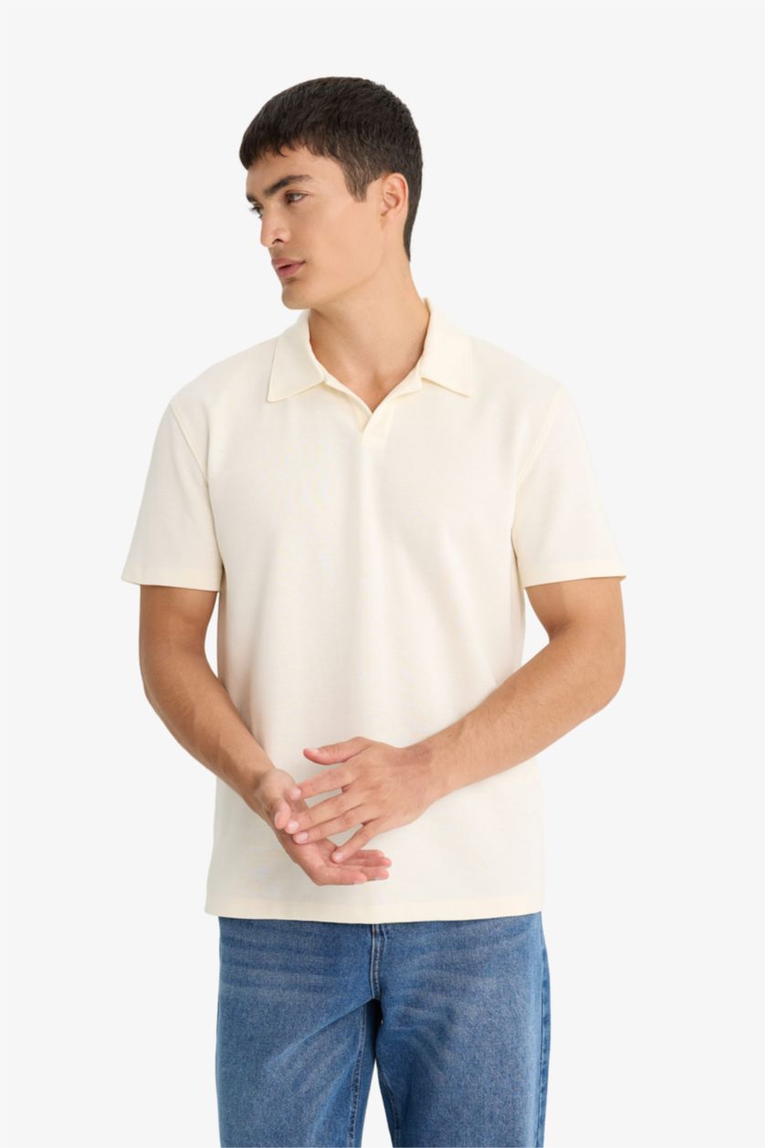 Erkek Ekru Regular Fit Polo Yaka Kısa Kollu Tişört