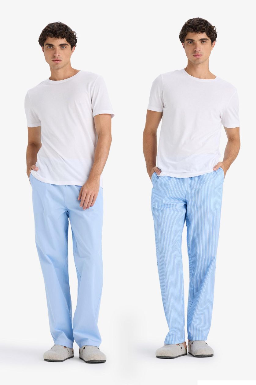 Man Light Blue 2 Piece Striped Poplin Pajama Pants