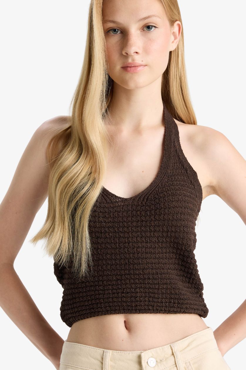 Kadın Kahve Slim Fit Dar Kesim Halter Yaka Triko Atlet