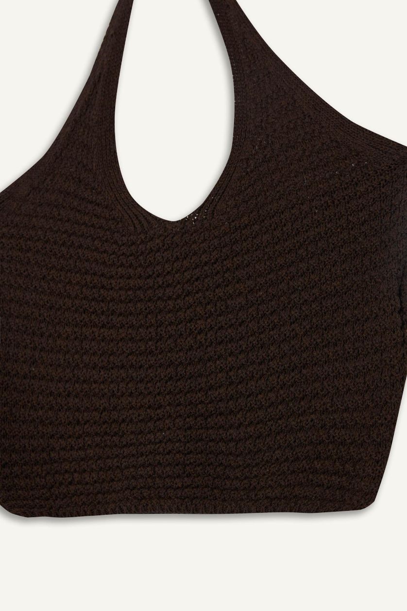 Kadın Kahve Slim Fit Dar Kesim Halter Yaka Triko Atlet