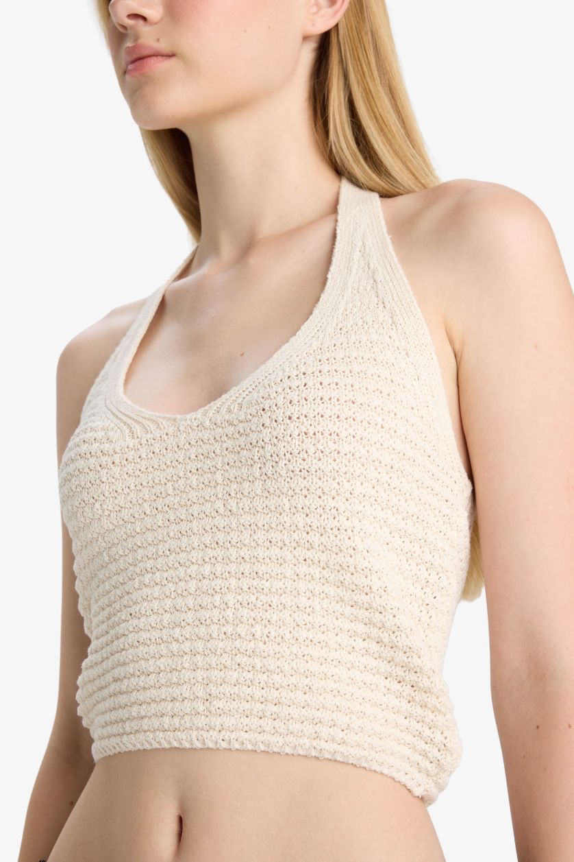 Kadın Ekru Slim Fit Dar Kesim Halter Yaka Triko Atlet