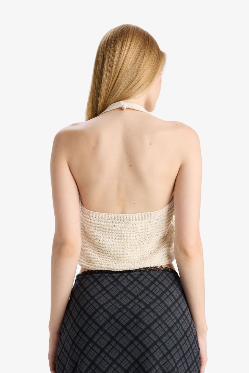 Kadın Ekru Slim Fit Dar Kesim Halter Yaka Triko Atlet