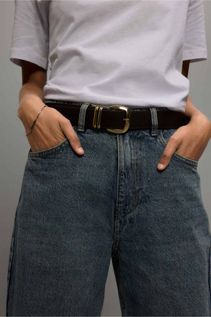 Kadın Koyu Kahve Kadın Dikdörtgen Toka Suni Deri Jean Kemeri