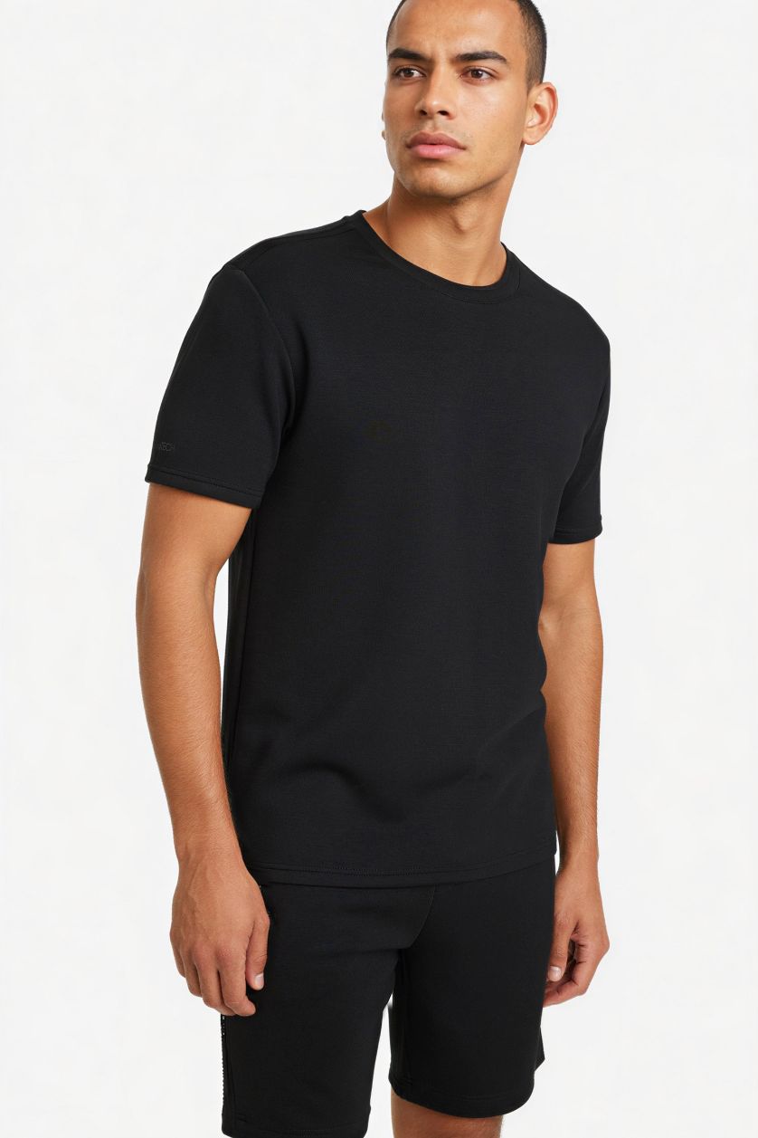 Erkek Siyah Standart Fıt Bisiklet Yaka Yan Baskılı Baskılı Sporcu Kısa Kollu Tişört