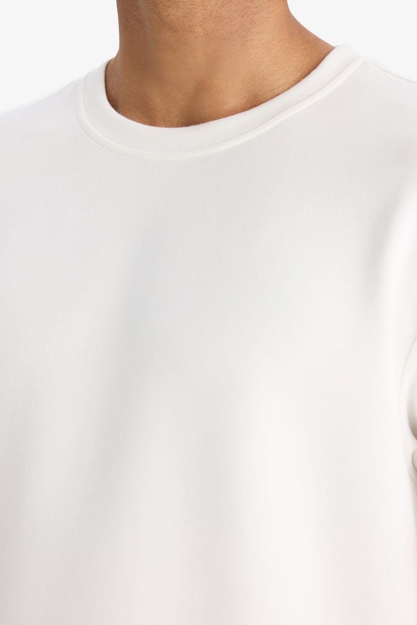 Erkek Ekru Standart Fit Bisiklet Yaka Modal Baskılı Sporcu Kısa Kollu Tişört