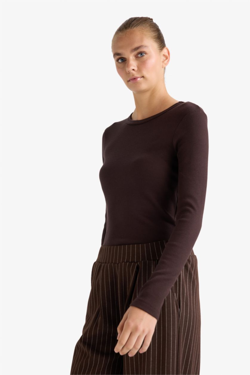 WOMAN Brown تيشيرت كم طويل سليم فيت مضلع