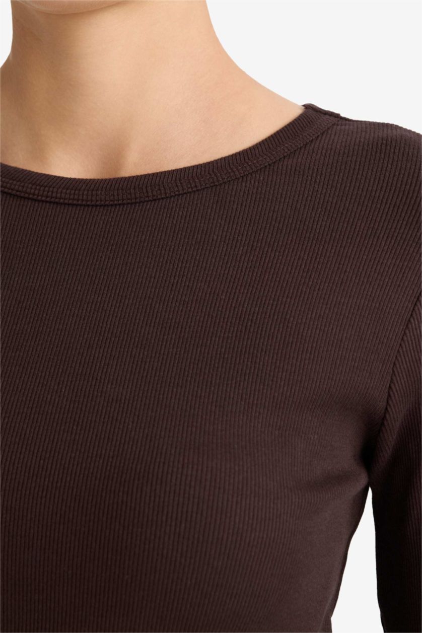 WOMAN Brown تيشيرت كم طويل سليم فيت مضلع