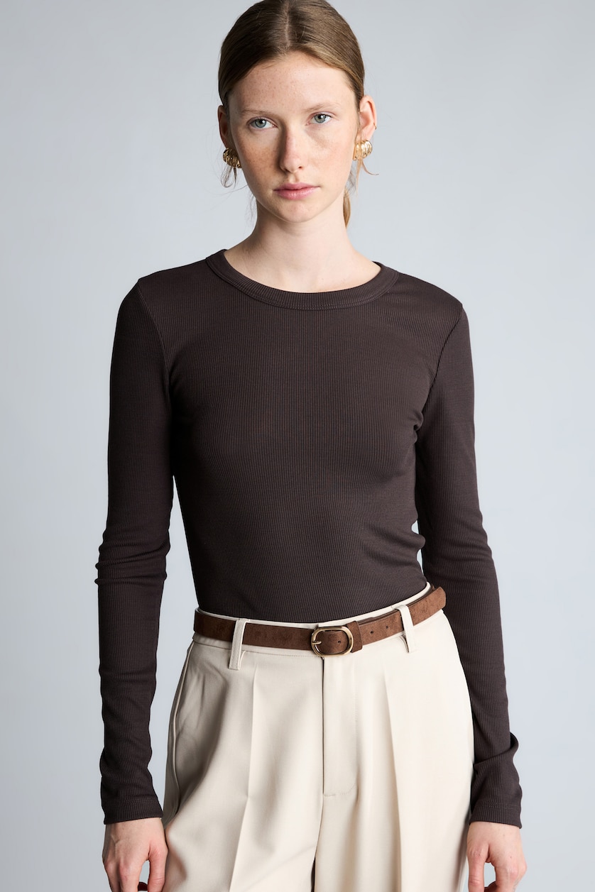 WOMAN Brown Slim Fit Crew Neck Camisole Long Sleeve T-Shirt