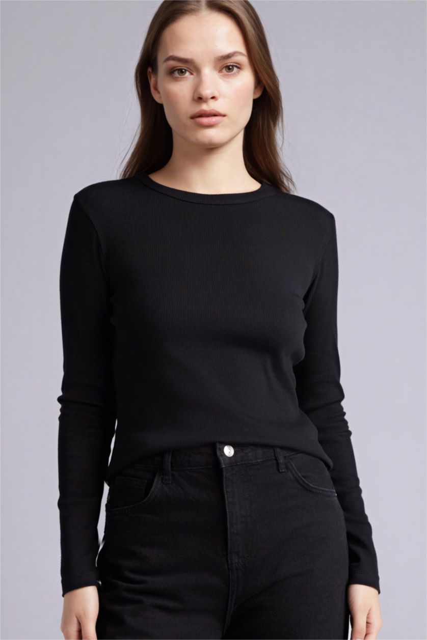 WOMAN Black Slim Fit Crew Neck Ribbed Long Sleeve T-Shirt
