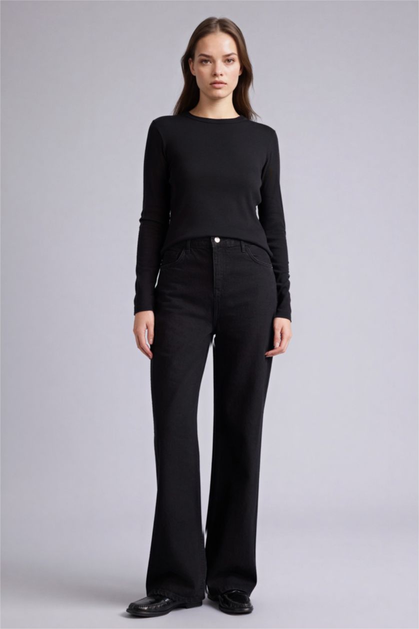 WOMAN Black Slim Fit Crew Neck Ribbed Long Sleeve T-Shirt