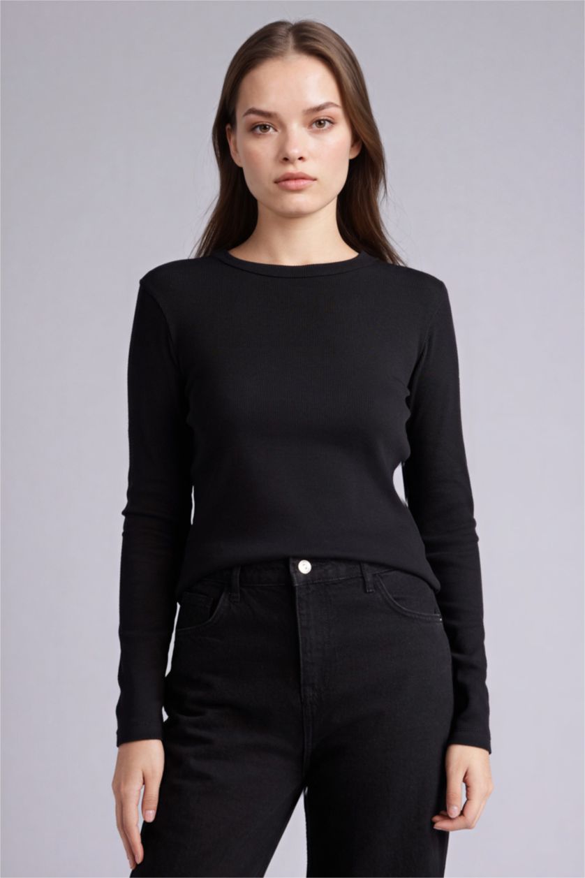 WOMAN Black Slim Fit Crew Neck Ribbed Long Sleeve T-Shirt