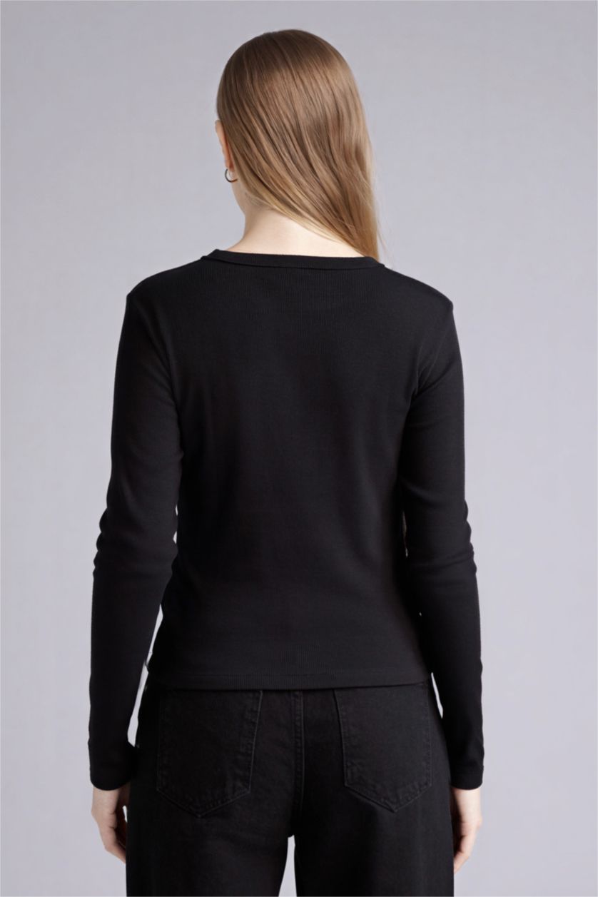 WOMAN Black Slim Fit Crew Neck Ribbed Long Sleeve T-Shirt