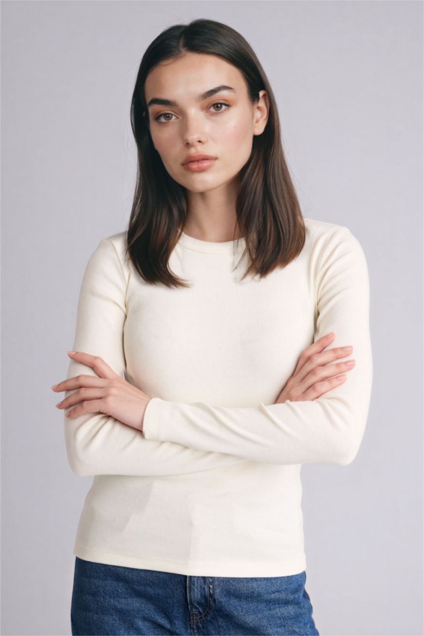 WOMAN Ecru تيشيرت كم طويل سليم فيت قماش مضلع