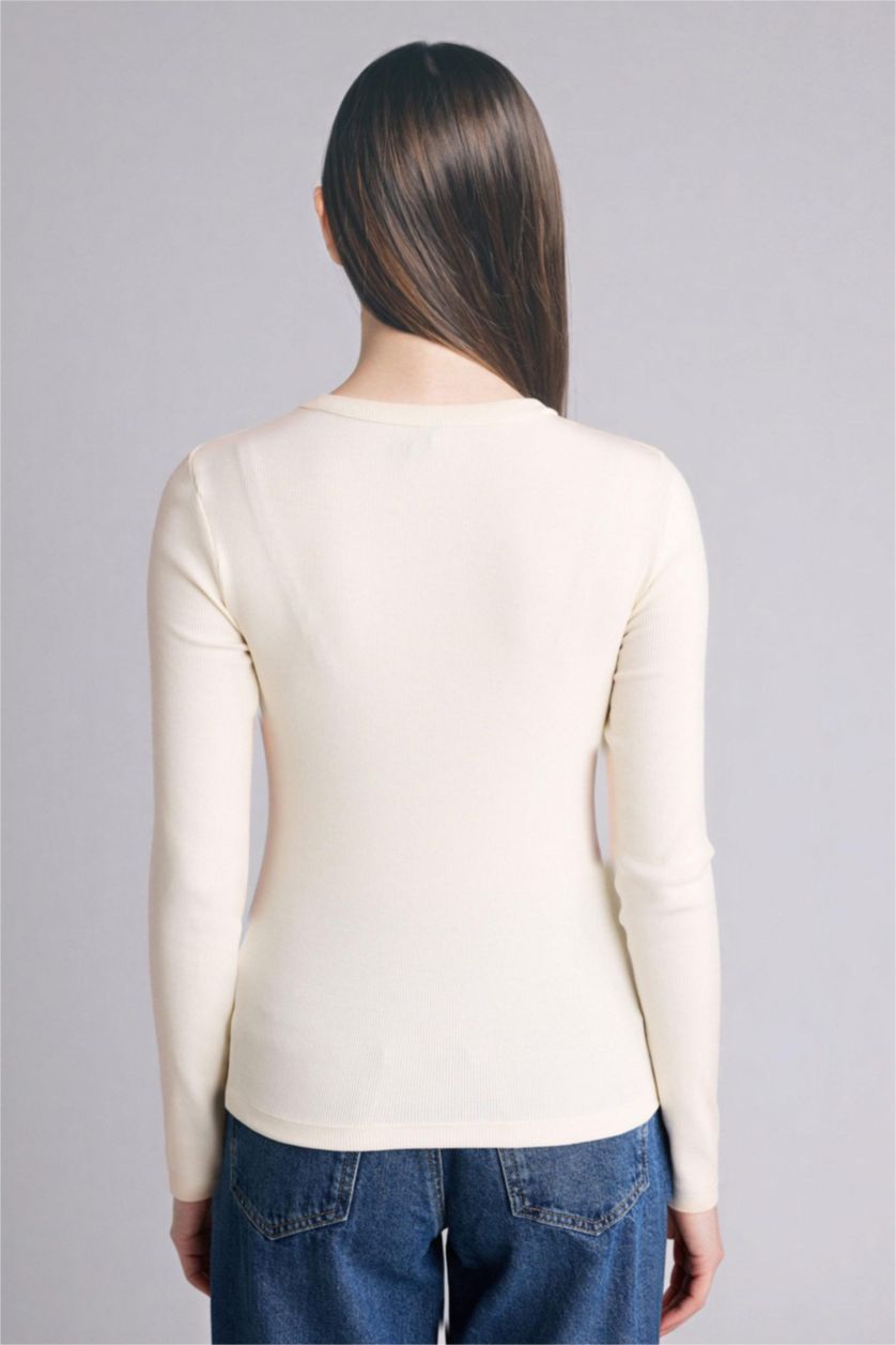 WOMAN Ecru تيشيرت كم طويل سليم فيت قماش مضلع