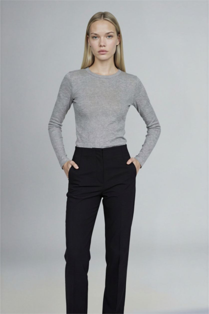 حريمي ميلانج رمادي تيشيرت كم طويل سليم فيت مضلع