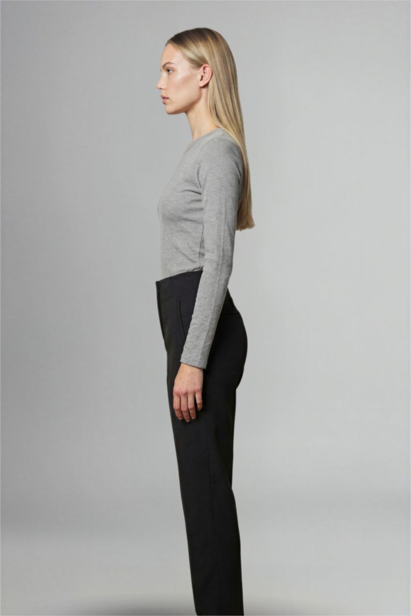 حريمي ميلانج رمادي تيشيرت كم طويل سليم فيت مضلع