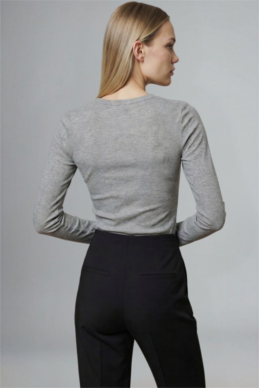 حريمي ميلانج رمادي تيشيرت كم طويل سليم فيت مضلع