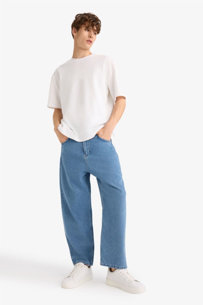MAN Blue Cotton Tapered Wide Leg Fit Washed Jeans