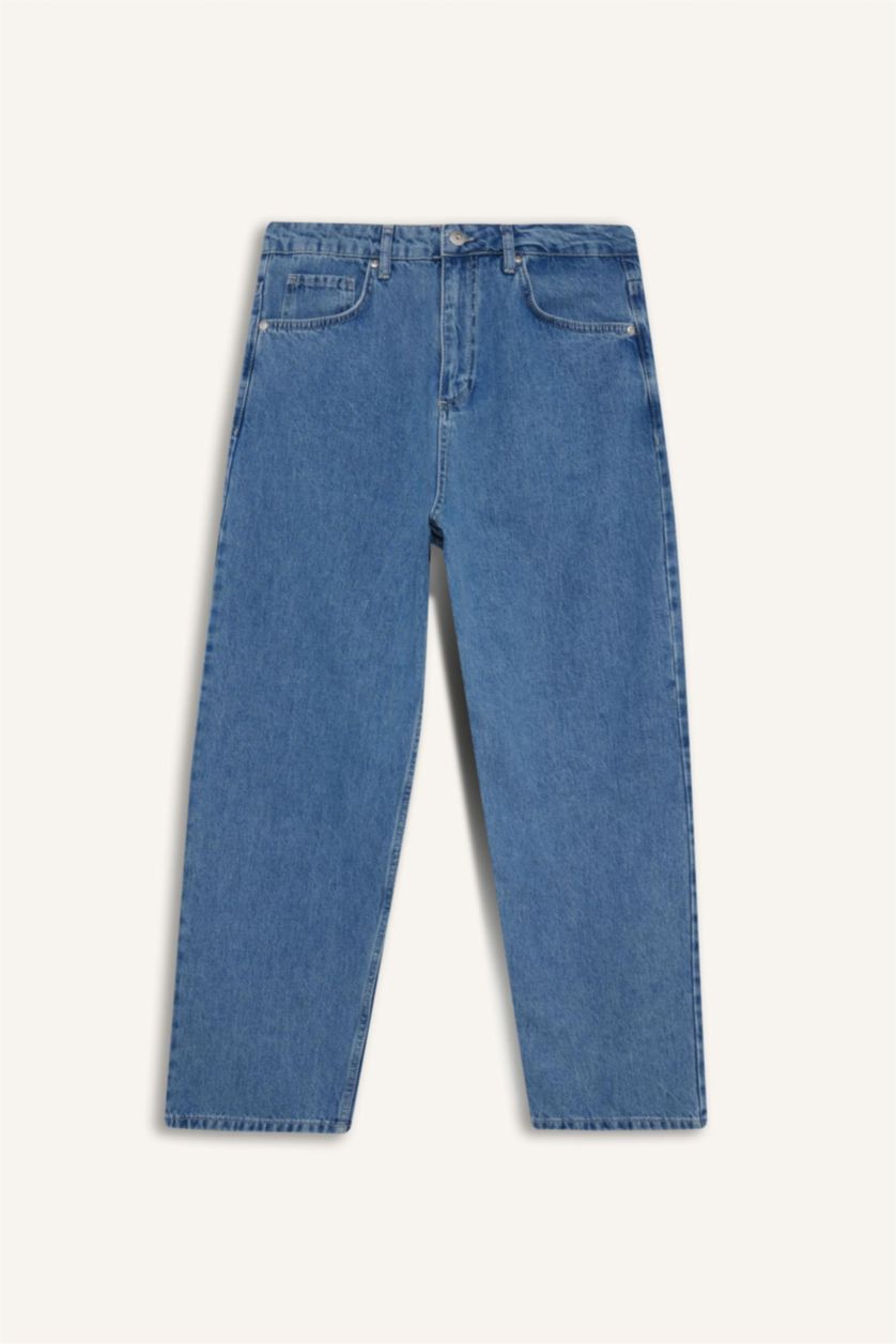 MAN Blue Cotton Tapered Wide Leg Fit Washed Jeans