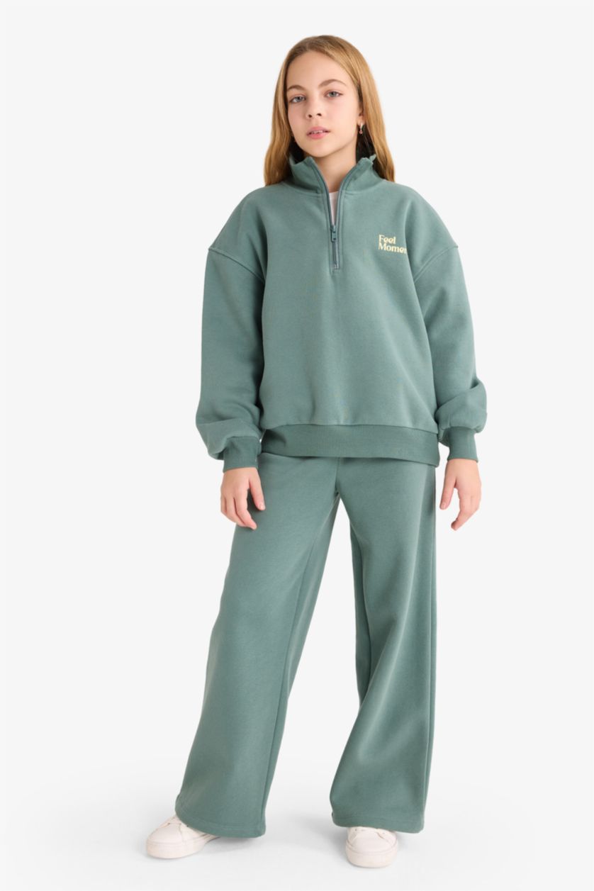 Kız Çocuk - Genç Kız Yeşil Kız Çocuk 2'li Takım Baskılı Yarım Fermuarlı Sweatshirt Geniş Paça Eşofman Altı