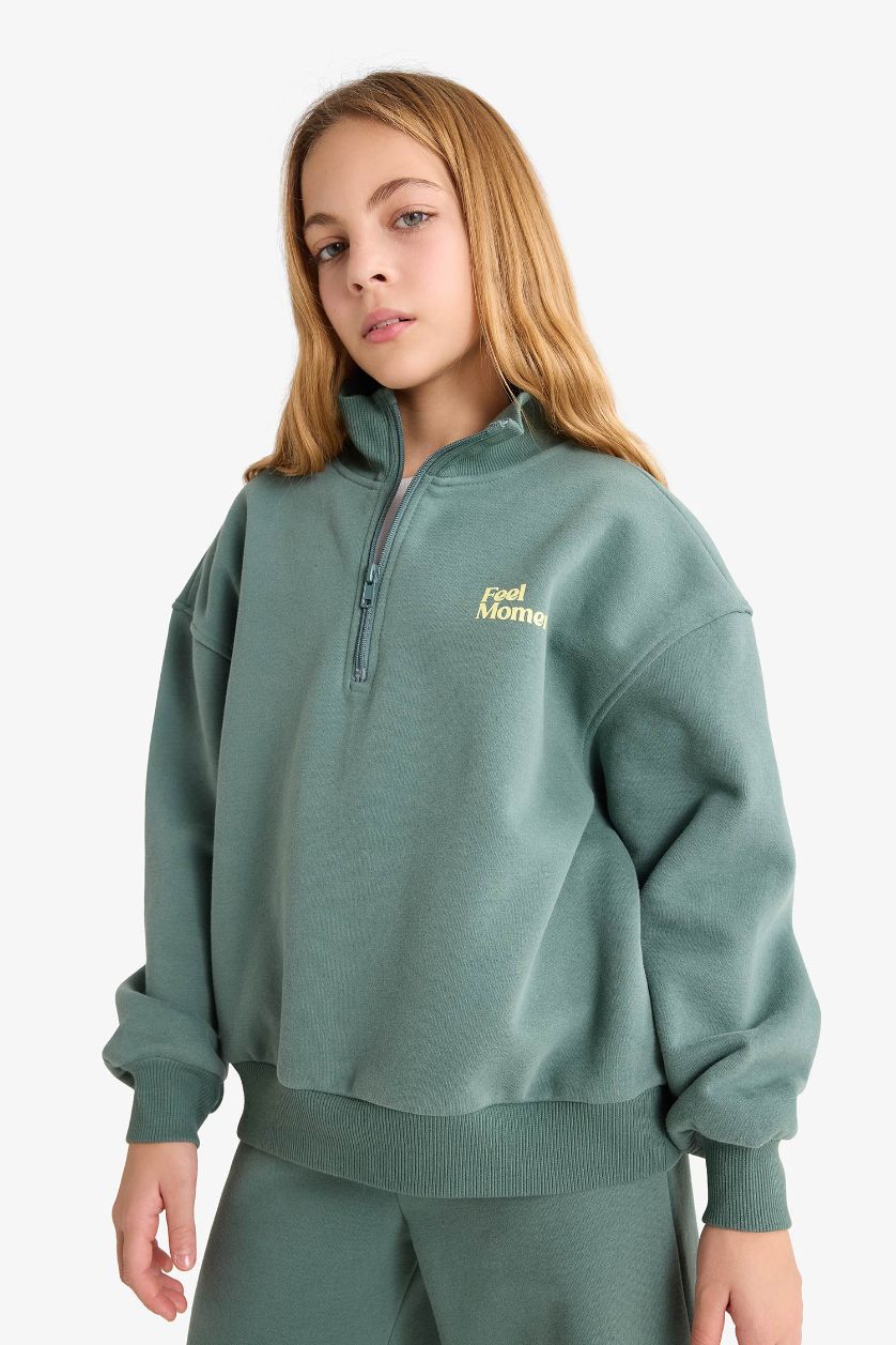 Kız Çocuk - Genç Kız Yeşil Kız Çocuk 2'li Takım Baskılı Yarım Fermuarlı Sweatshirt Geniş Paça Eşofman Altı