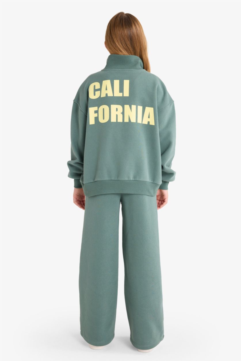 Kız Çocuk - Genç Kız Yeşil Kız Çocuk 2'li Takım Baskılı Yarım Fermuarlı Sweatshirt Geniş Paça Eşofman Altı