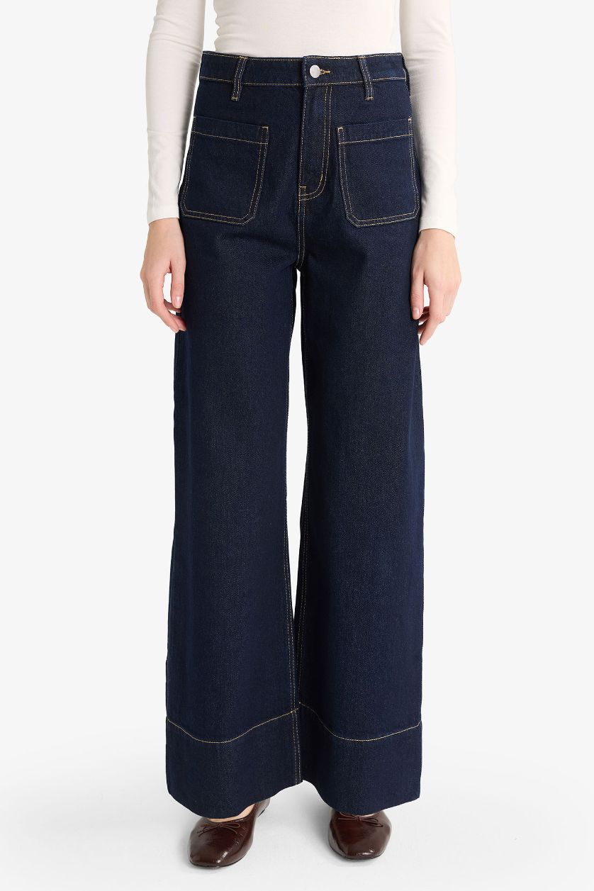 حريمي أسود أزرق بنطلون جينز كروب برجل واسع وخصر عالي