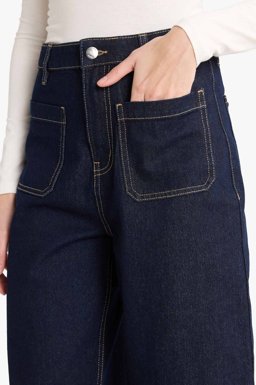 حريمي أسود أزرق بنطلون جينز كروب برجل واسع وخصر عالي