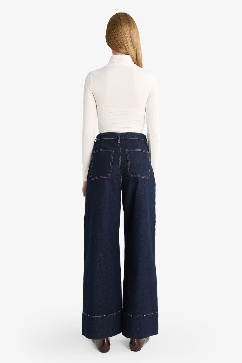 حريمي أسود أزرق بنطلون جينز كروب برجل واسع وخصر عالي