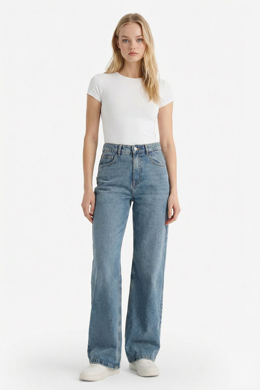 WOMAN Dark Blue Straight Fit High Waist Jeans