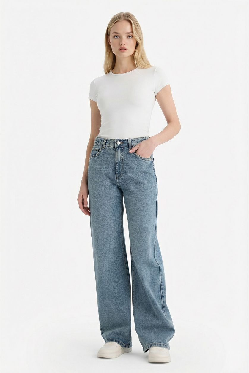 WOMAN Dark Blue Straight Fit High Waist Jeans