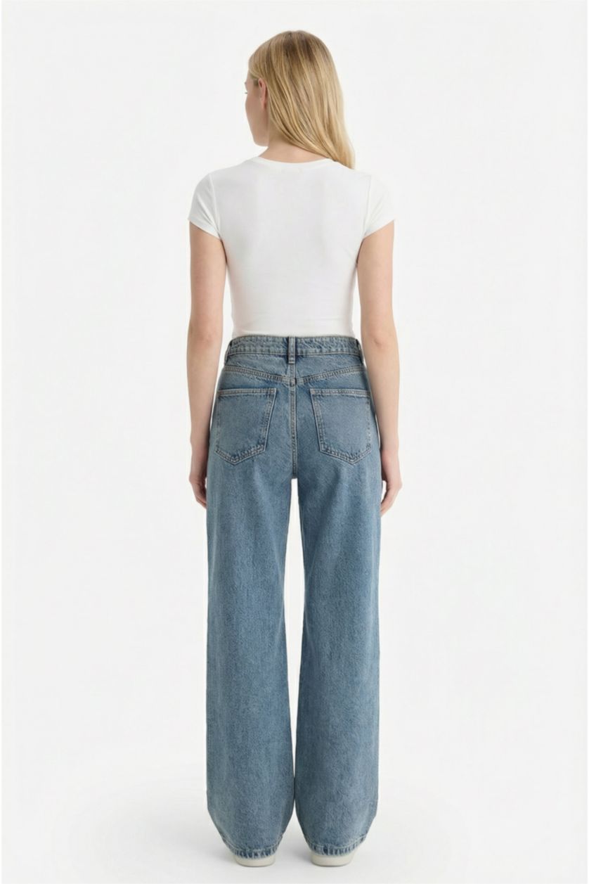 WOMAN Dark Blue Straight Fit High Waist Jeans