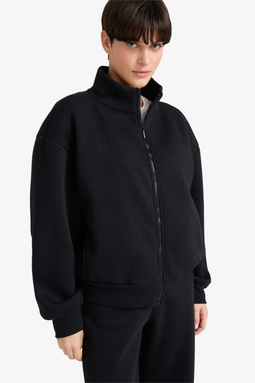 WOMAN Black Relax Fit Thick Sweatshirt Fabric Cardigan