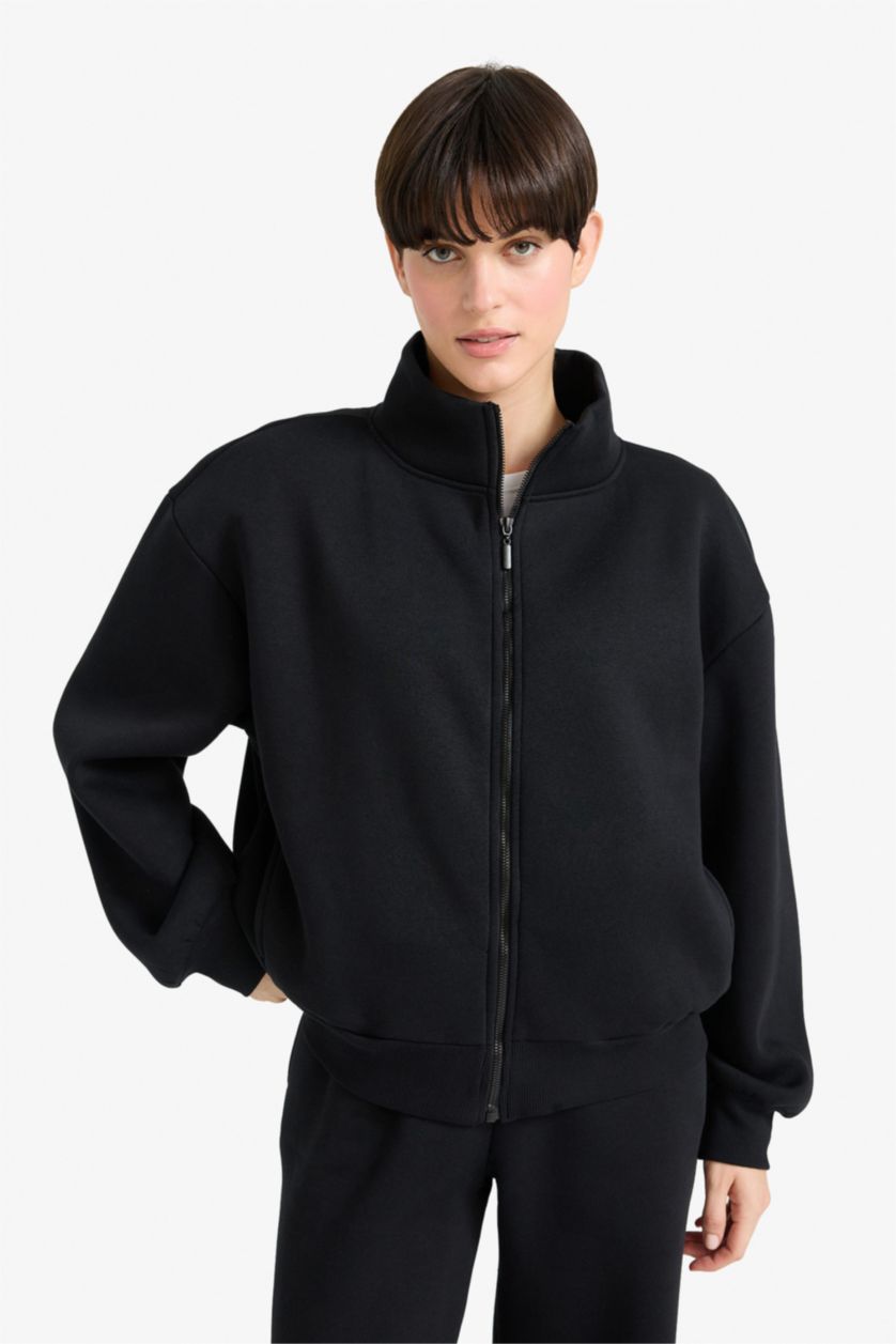 WOMAN Black Relax Fit Thick Sweatshirt Fabric Cardigan