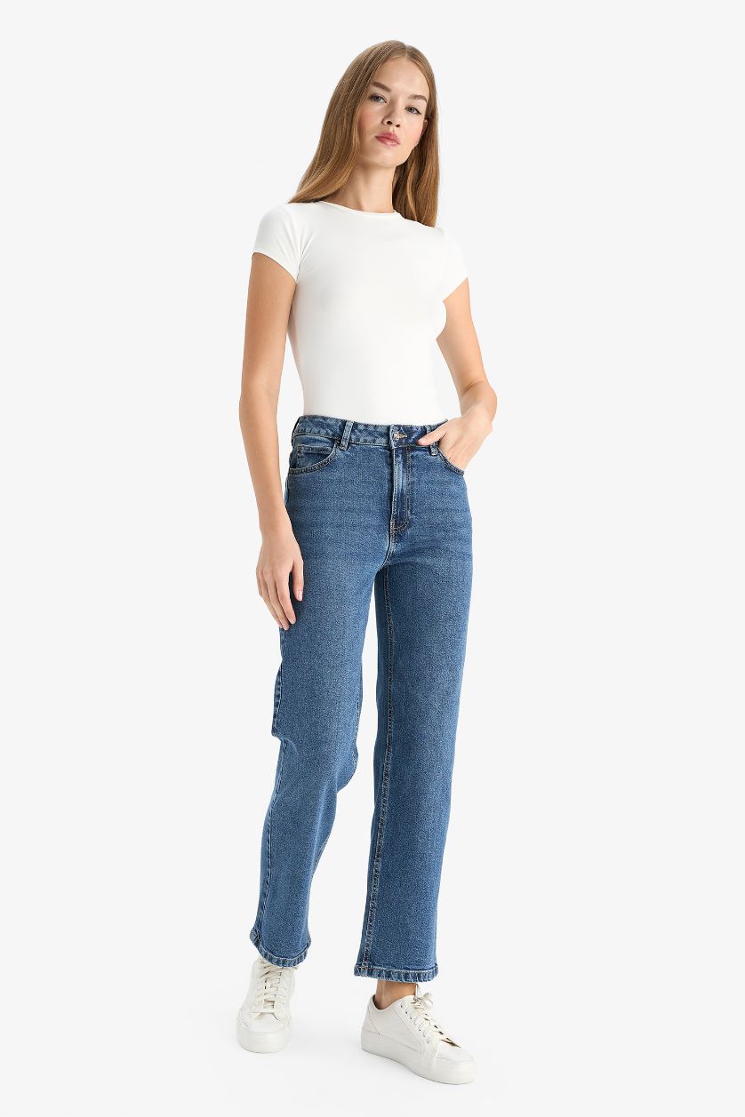 WOMAN Dark Blue Comfort Straight High Waist Straight Leg Long Jeans