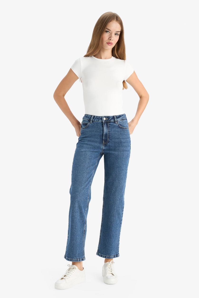 WOMAN Dark Blue Comfort Straight High Waist Straight Leg Long Jeans
