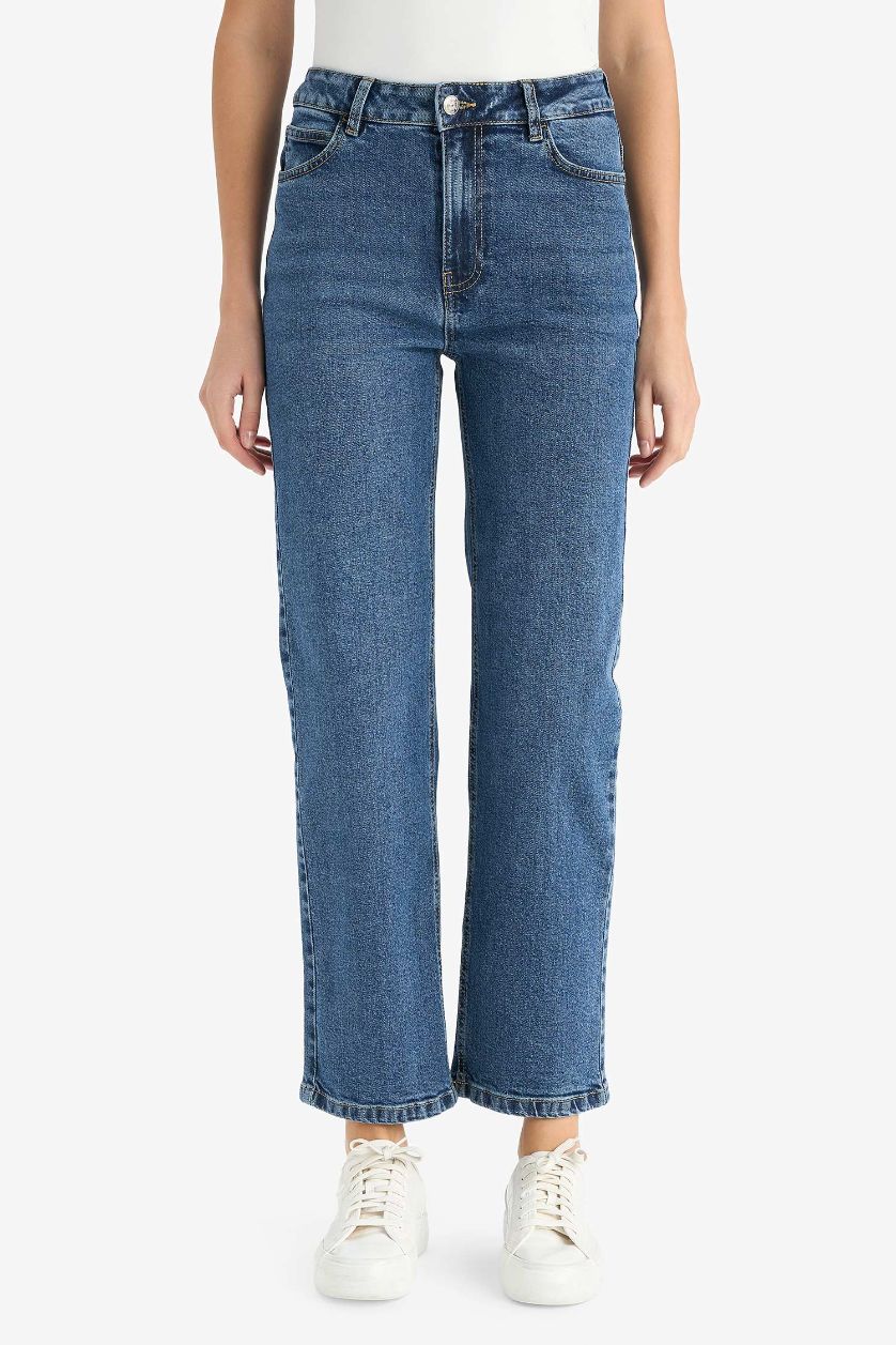 WOMAN Dark Blue Comfort Straight High Waist Straight Leg Long Jeans