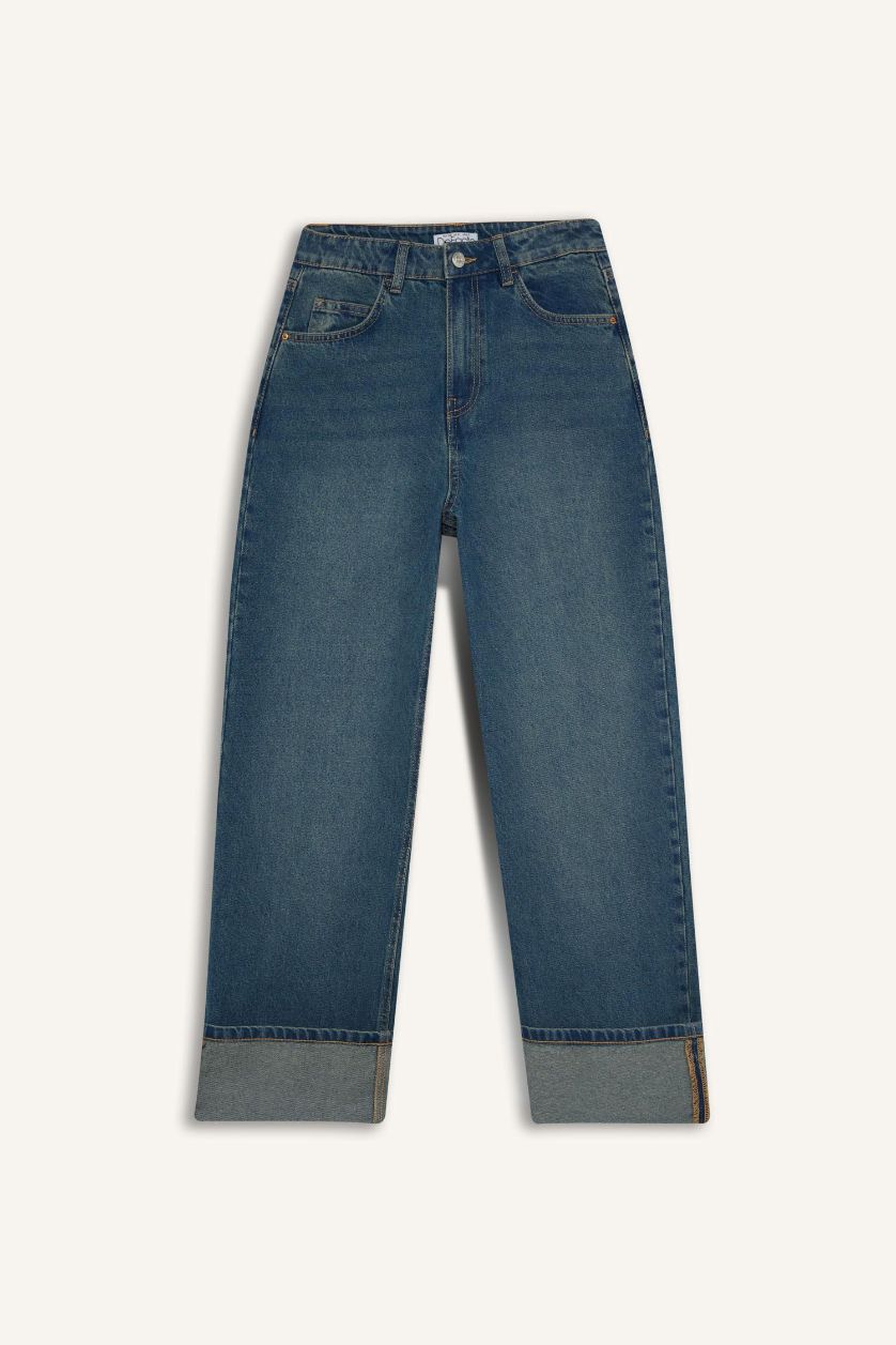 حريمي أزرق غامق بنطلون جينز قصة مريحة بحافة مطوية وخصر عالي