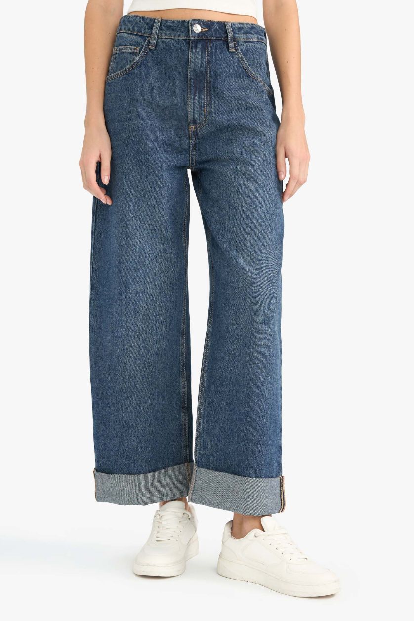 FEMME Bleu Foncé Jean baggy taille haute à jambes droites