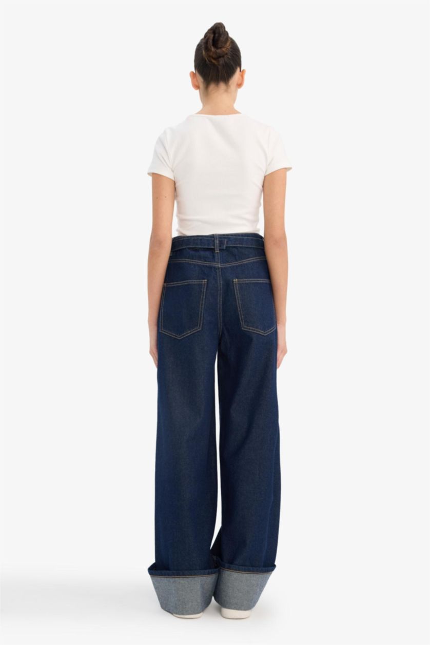 Женщины Темно-голубой Джинсы Baggy Fit с высокой талией