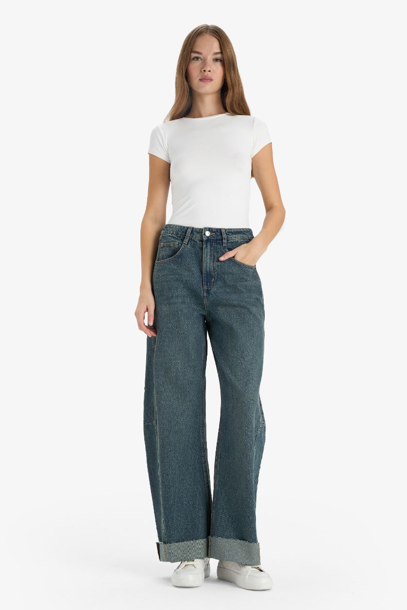 FEMME Bleu Jean taille haute Coupe barrel