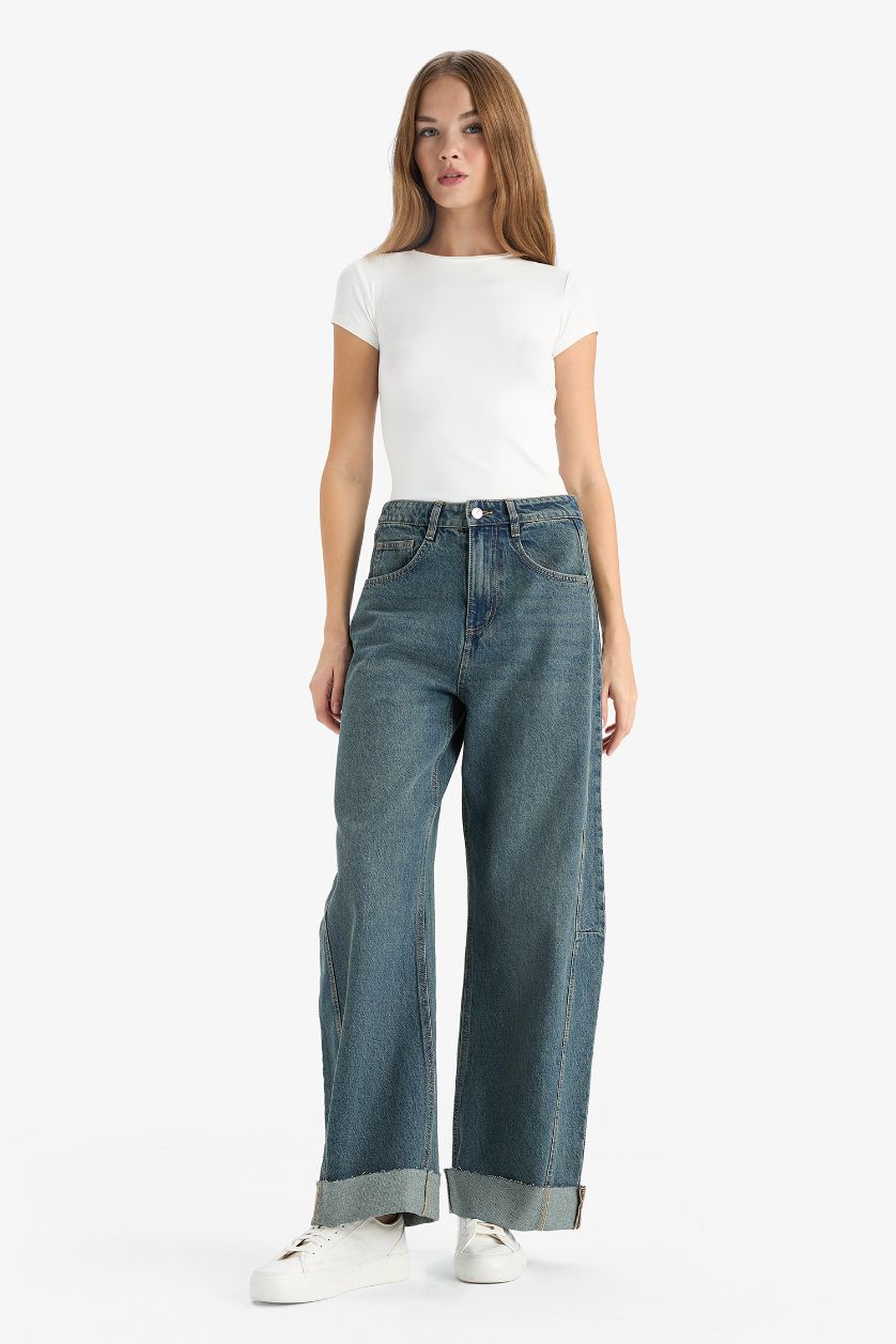 FEMME Bleu Jean taille haute Coupe barrel