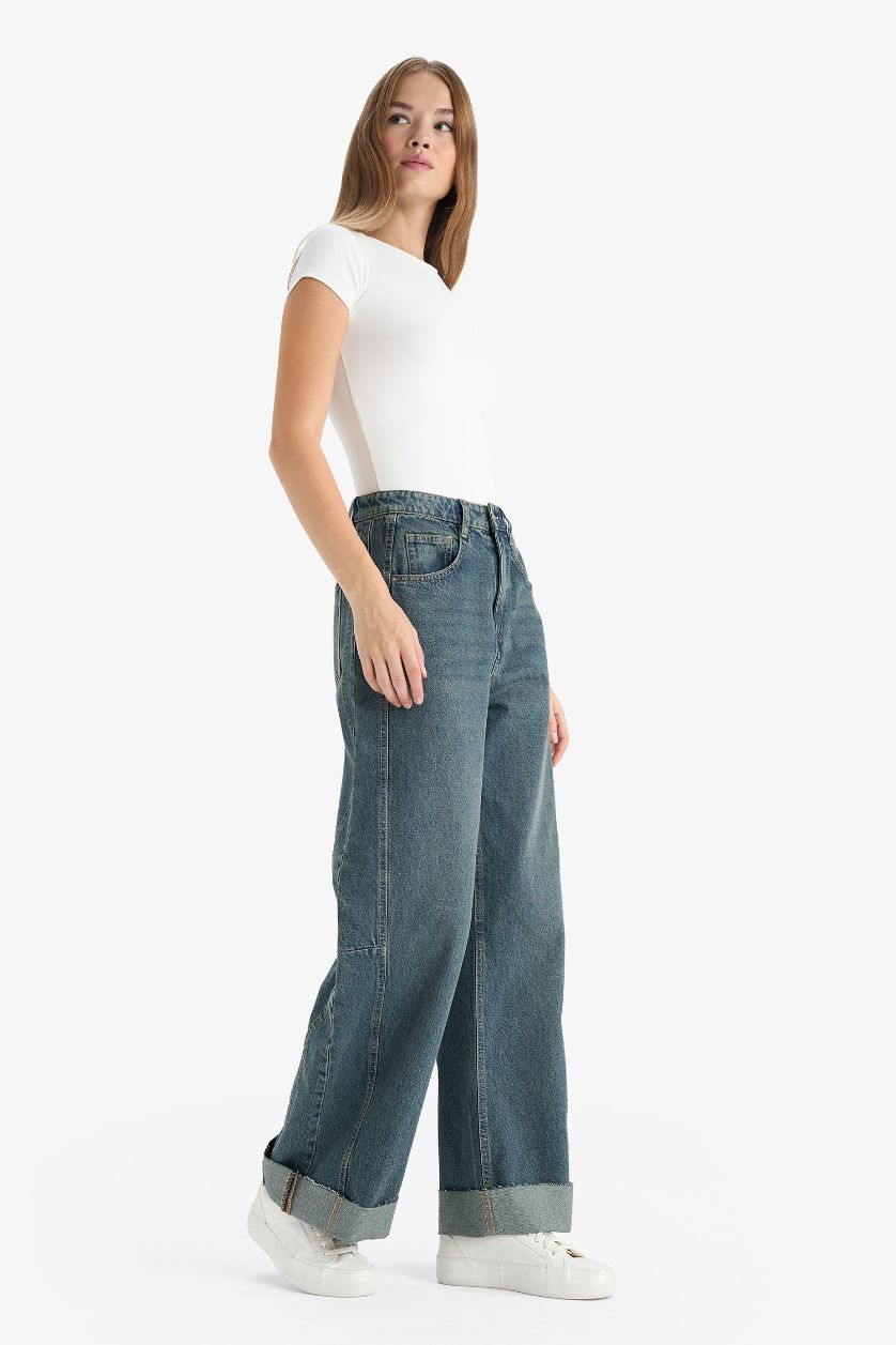 FEMME Bleu Jean taille haute Coupe barrel