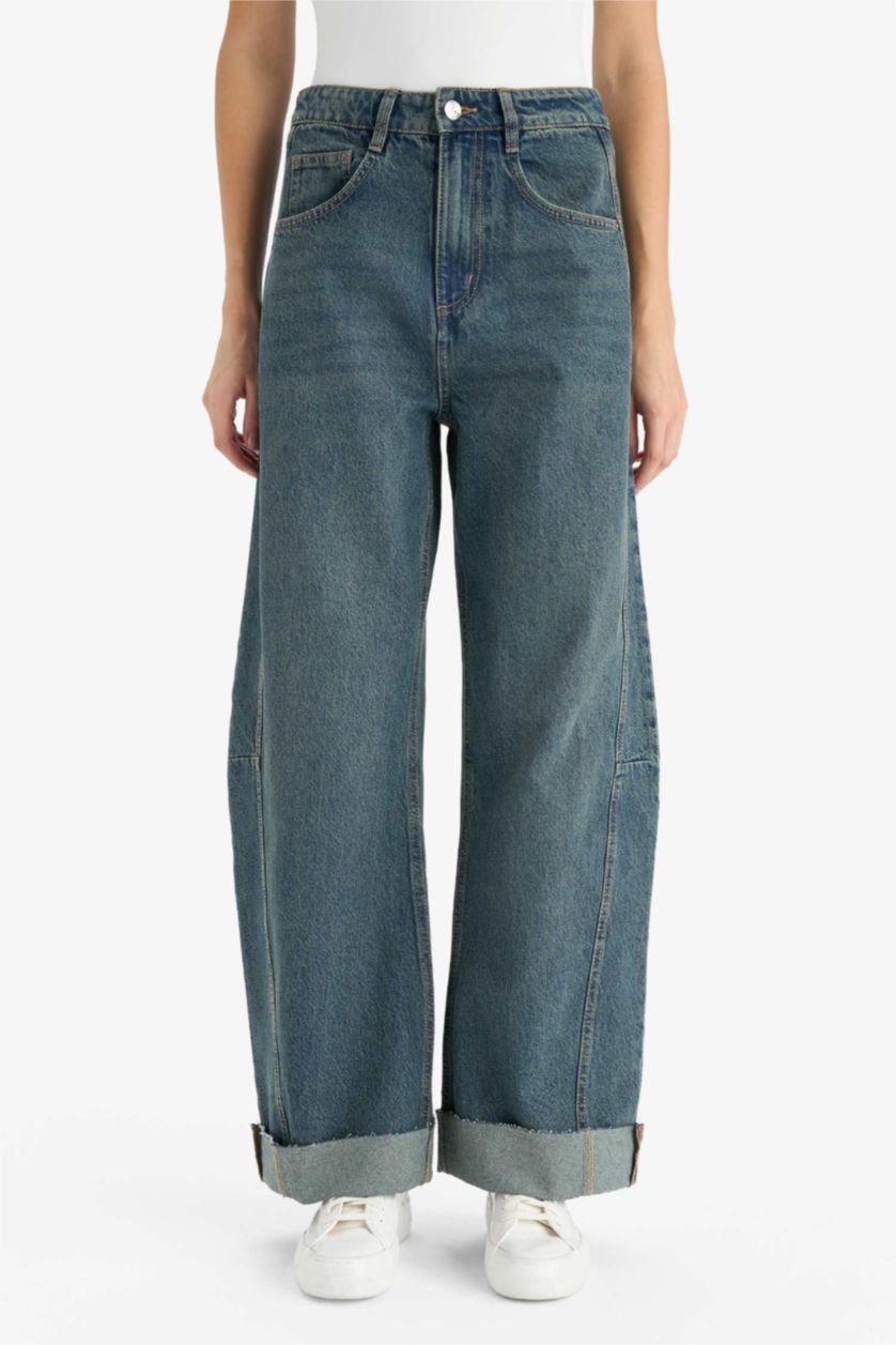 FEMME Bleu Jean taille haute Coupe barrel