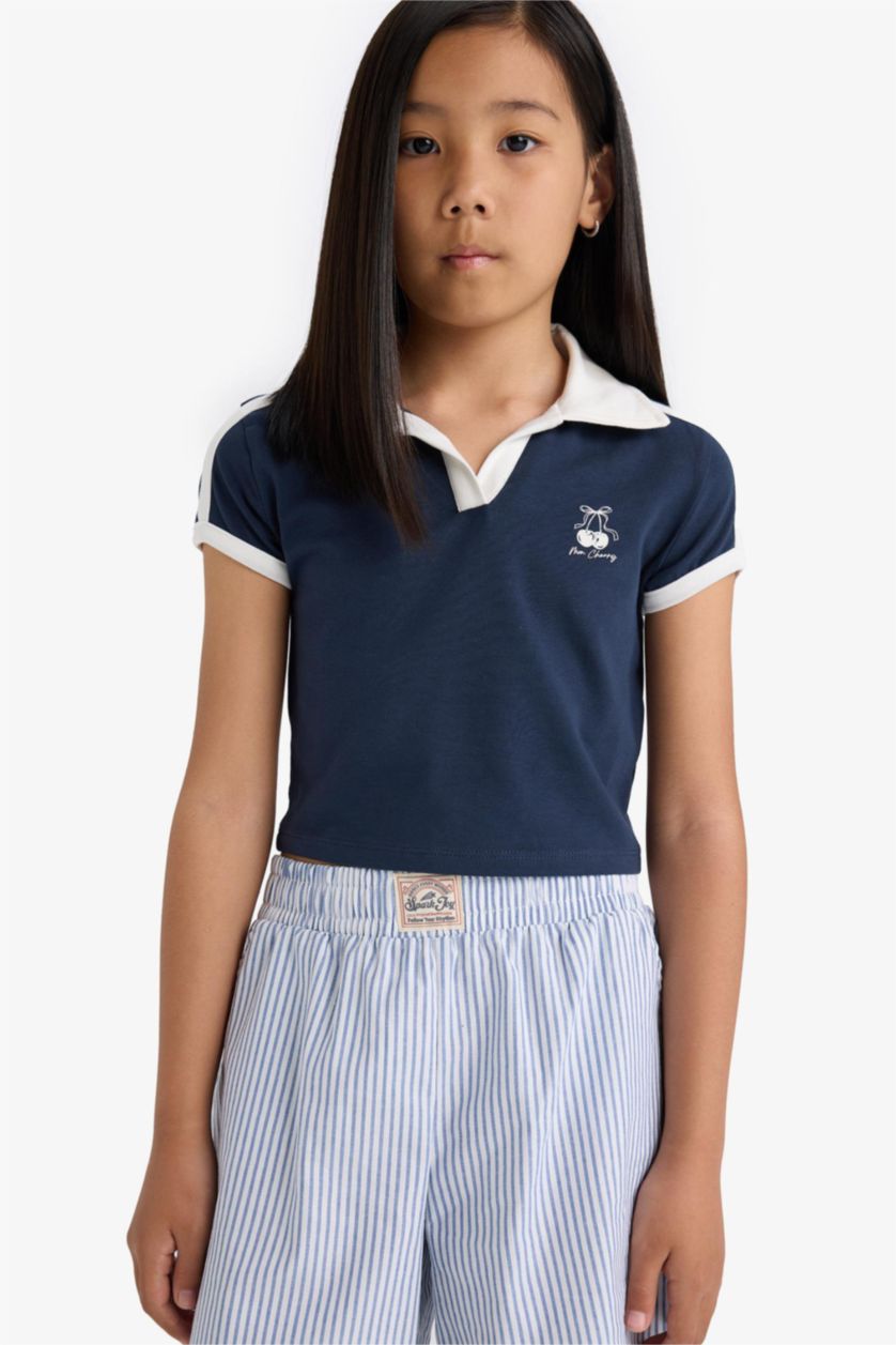 Kız Çocuk - Genç Kız Lacivert Slim Fit Dar Kesim Polo Yaka Baskılı Kısa Kollu Tişört Kız Çocuk