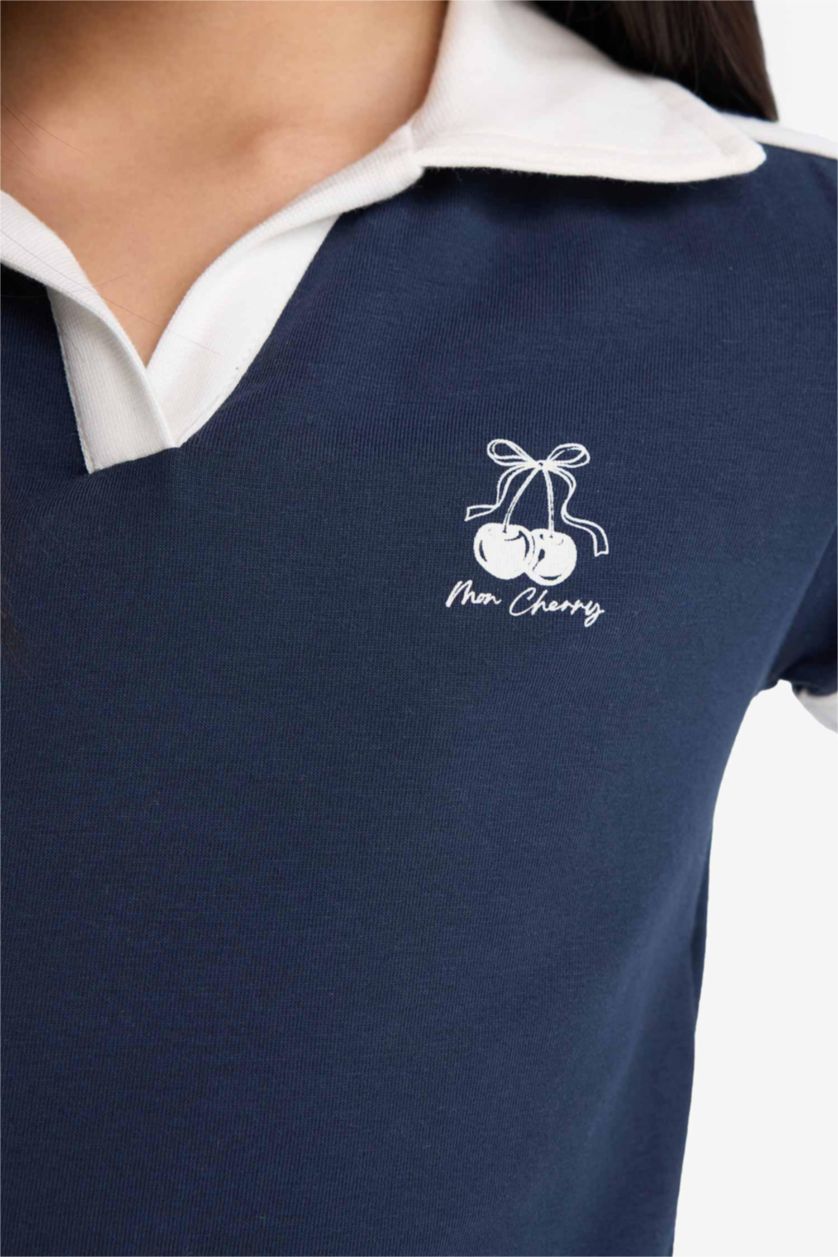 Kız Çocuk - Genç Kız Lacivert Slim Fit Dar Kesim Polo Yaka Baskılı Kısa Kollu Tişört Kız Çocuk