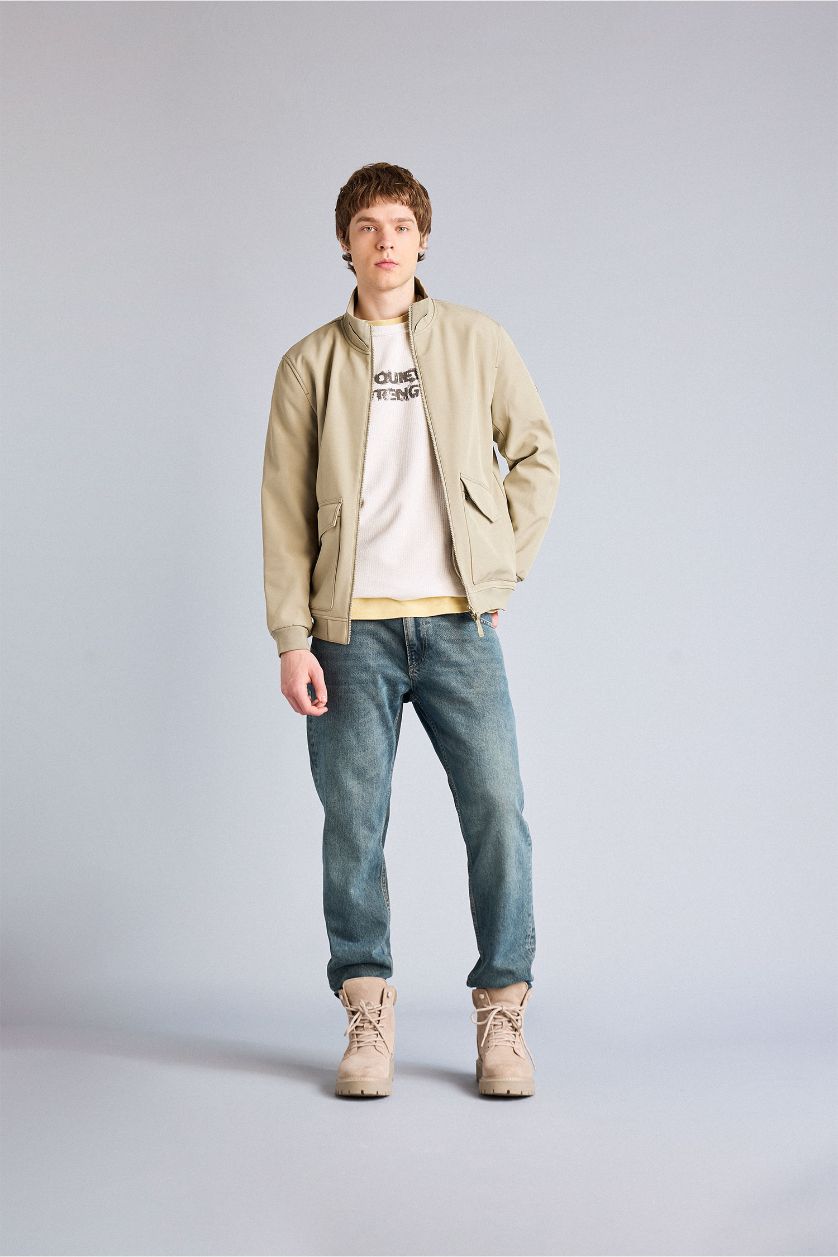 رجالي كاكي جاكيت خفيف قصة عادية بياقة كوليج بجيوب