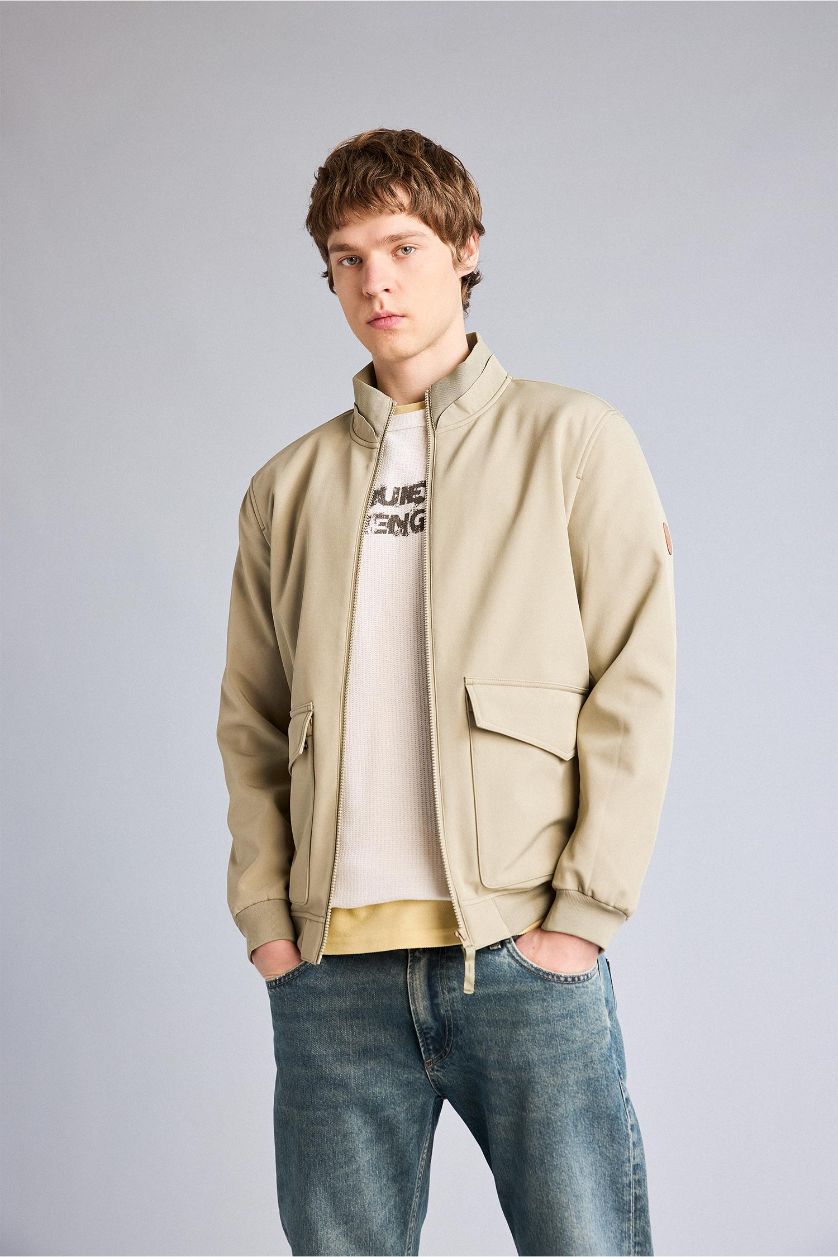 رجالي كاكي جاكيت خفيف قصة عادية بياقة كوليج بجيوب