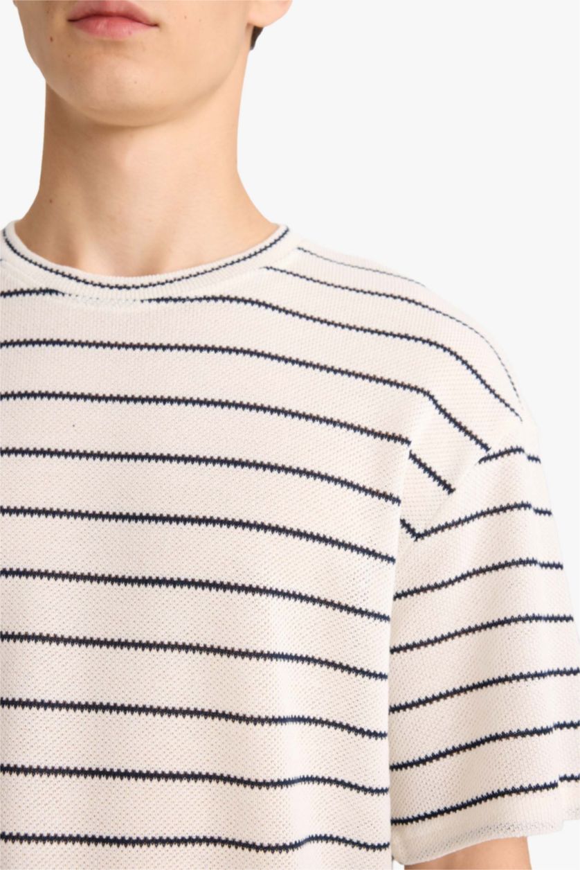 Erkek Ekru Dokulu Boxy Fit Çizgili Tişört